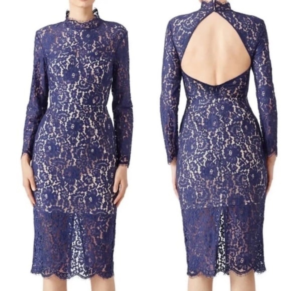 KEEPSAKE THE LABEL NAVY BLUE MOCK NECK LACE MIDI DRESS, SIZE S